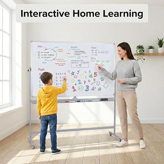 DexBoard Large Double Sided Whiteboard 72x40 inches on Wheels, Height Adjustable Mobile Magnetic Dry Erase Board with Rolling Stand for Office Meetings, Classroom Teaching, Home, Silver Frame
