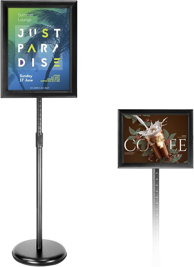 Adjustable Poster Sign Stand Holder Heavy Duty Snap Open Aluminum Pedestal Floor Standing Sign Holder Vertical and Horizontal View Sign Displayed,Advertising Display Stand (Black, 8.5x11inches)