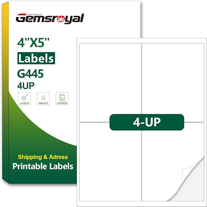 Gemsroyal 4"×5" Shipping Labels Printable,4×5 inch White Matte Label Stickers for Laser/Inkjet Printer,5×4 Large Mailing Sticker Paper,Wine Stickers for Bottles,40 Sheets,160 Blank Labels in Total