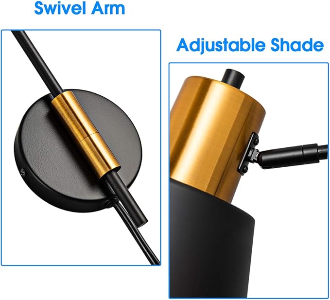 Ahaloye Modern Swing Arm Wall Sconce Plug in Set of 2, Rotatable Black Wall Lights with On/Off Cord for Bedroom, Living Room