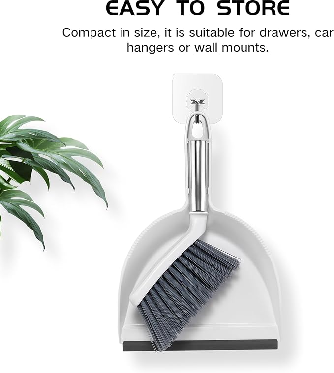 NACENA Mini Broom and Dustpan Set, Small Dust Pan and Brush Set with Handle Dustpan Teeth for Cleaning Hair Suitable for Office Desks Drawers Sofas Outdoor Camping, White & Gray