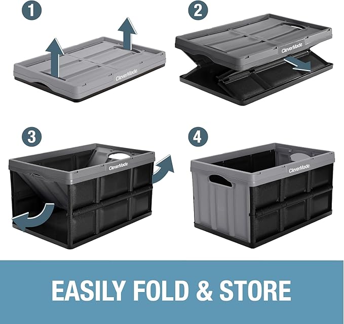 CleverMade Collapsible Storage Bins - Obsidian 3 Pack 46L - Stackable Containers Heavy Duty Capacity Folding Crates - Space-Saving for Home