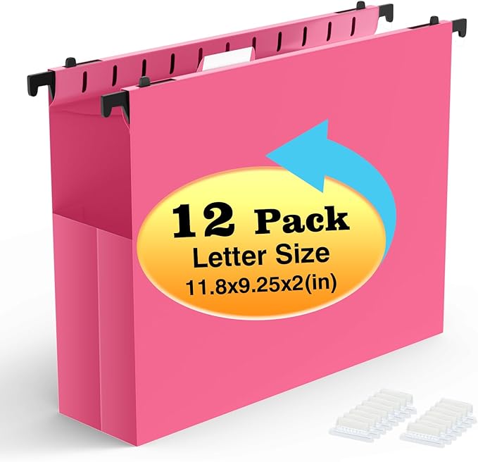 Shutex Extra Capacity Plastic Hanging File Folders,12 Pack Reinforced Expanding Hang Folder Letter Size,Accordian Pocket,Heavy Duty 2 Inch Expansion, Hard Hanging Folder Organizer for Office Home,Pink
