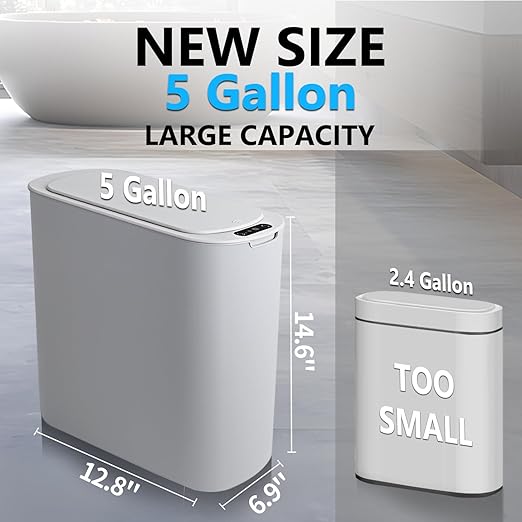 TIPGO 5 Gallon Motion Senor Bathroom Trash Can with Lid, Automatic Garbage Can Touchless, Smart Plastic Waste Basket for Narrow Spaces, Bathroom, Office, Bedroom, Living Room (Gray)