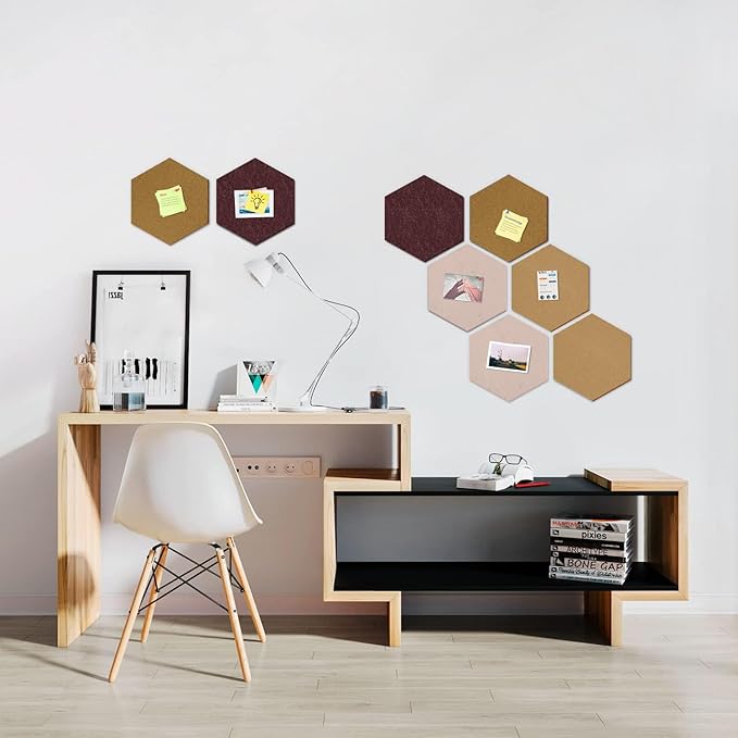 Uoisaiko 12" Large Bulletin Board with 30 Push Pins, Pack of 8 Hexagon Felt Pin Board Notice Boards for Home Office Kitchen, Felt Wall Tiles for Photos Memos (Yellow Brown)