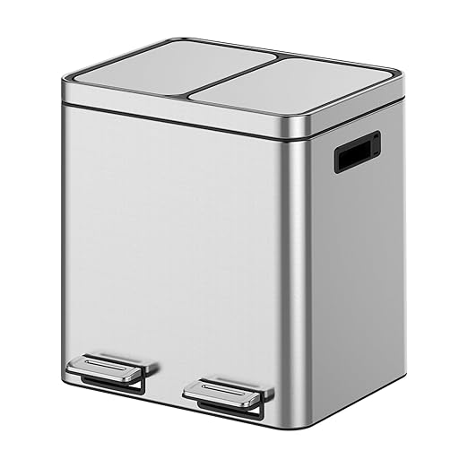 OUTLANE 30L Stainless Steel Double Compartment Trash Can, Foot Pedal, Soft Close Lid, Removable Buckets, Fingerprint Resistant, Home/Office/Bathroom Bin, 37.6x42.8x46.8cm