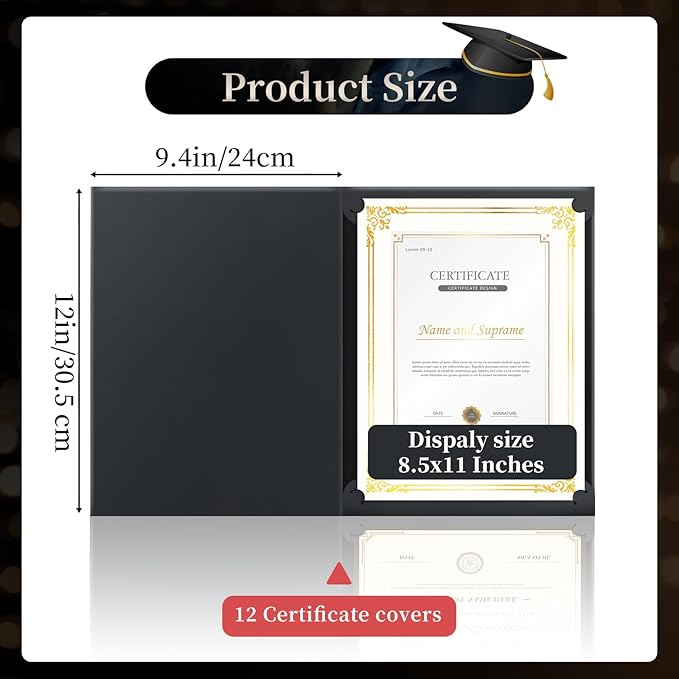 12 Packs Certificate Covers,Black Cardboard Diploma Cover,Certificate Holders Gold Foil Border,for Letter Size 8.5 x 11 Inch Awards and Certificates