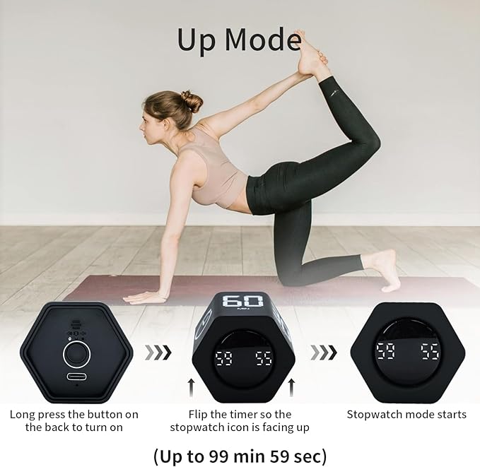 LUCKY TIME Productivity Timer Flip Gravity Sensor Pomodoro Cube Timer Countdown & Countup,1/5/10/30/60min Preset & Custom Timing, Mute/Vibrate/Sound for ADHD,Work,Study,Kitchen(1, Black Hexagon)