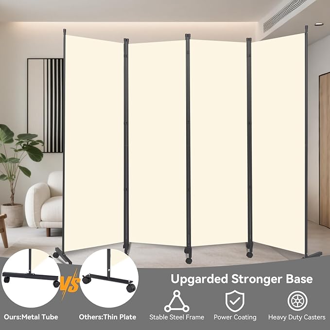 Room Divider (4 Panel) Wall Divider for Room Partition, 88 inch Metal Frame Wide Portable Privacy Screens W/Wheels, Freestanding Room Separators 5.6FT Room Divider Panel