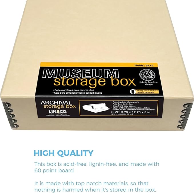 Lineco Museum Archival Storage Box, 9.75x12.75x3 in. Drop Front Design. Acid-Free with Metal Edge. Organize Photos, Pictures, Prints, Documents, Crafts, DIY. Tan, 1 Pack