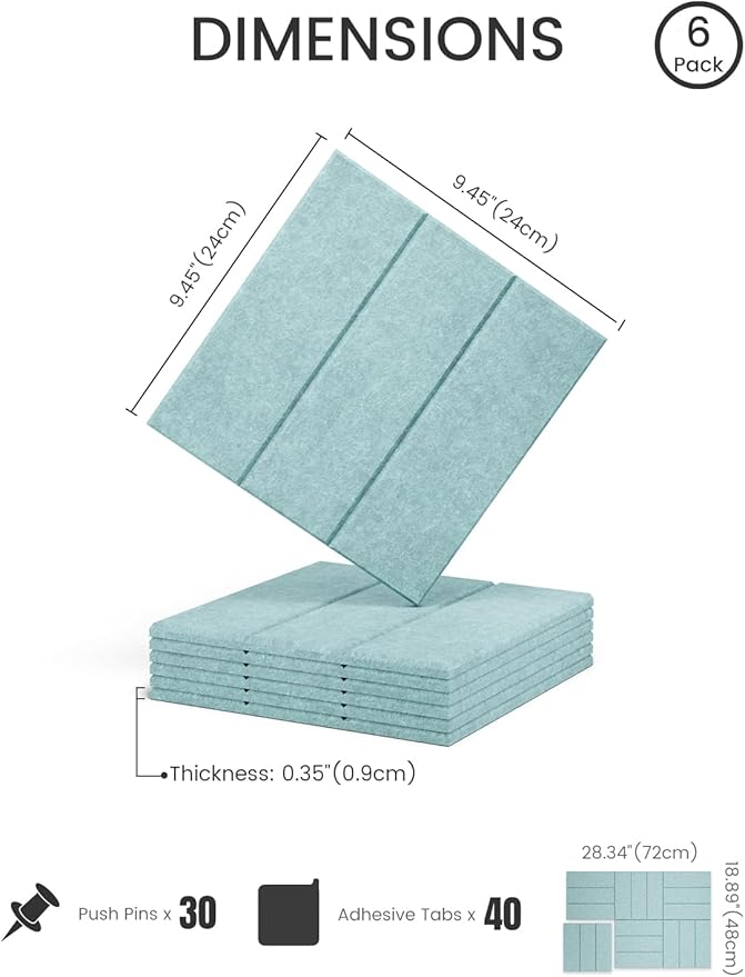 Fluxynara Felt Bulletin Board Tiles -28"x18" with 40 Adhesive Tabs, Cork Board Alternative for Office Decor, Push Pin Board Wall Organizer 6-Pack (Seafoam Blue)