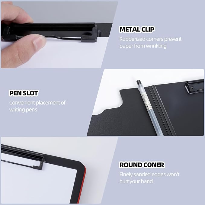 FRETONBA Clipboard Folder, A4 Foldable Clipboard with Horizontal and Vertical Double Metal Clips, 360 Degree Foldable Binder Clipboards with Pen Holder, File Cover Work Folder Clipboards, Red