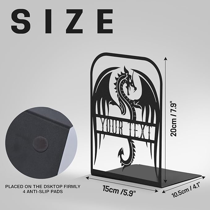 Personalized Name Bookends for Shelves, Unique Dragon Metal Book Ends Decorative, Non-Slip Book Stopper, Metal Fantasy Bookshelf Decor for Home Office Study Room, Customized Gifts Color05