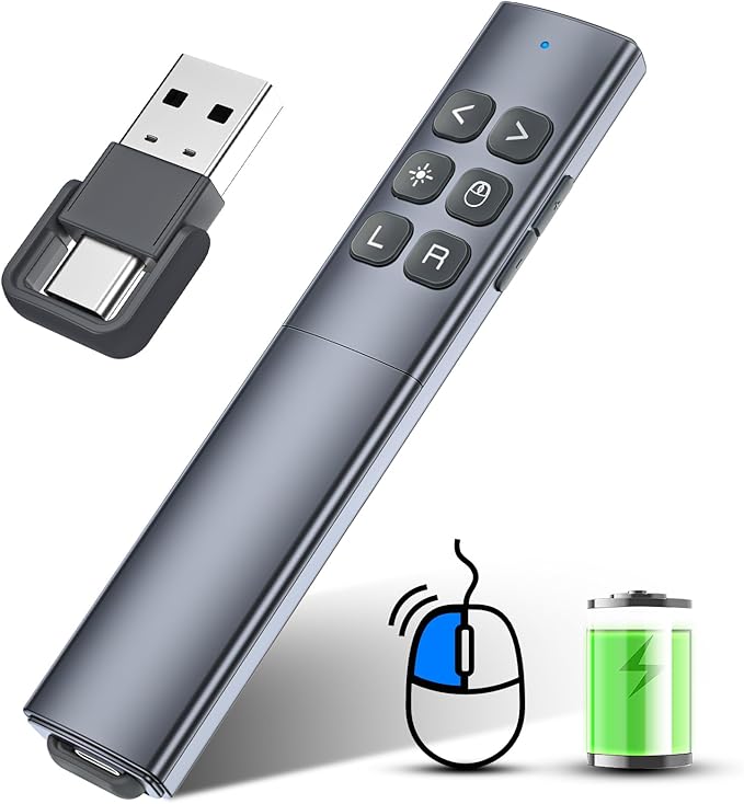 Presentation Clicker with Air Mouse - USB C Wireless Presenter Remote Clicker with Light Pointer, RF 2.4GHz PowerPoint Clicker for Presentation, Computer Pointer Clicker Slide Advancer for Mac,Laptop