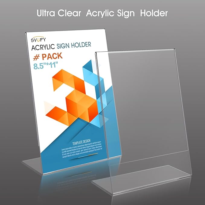 SVOPY Acrylic Sign Stand Holders - 8.5 x 11 Inches Clear Plastic Table Paper Display Stand, Suit for Displaying Posters, Picture, Flyers, Menu - 18 Pack