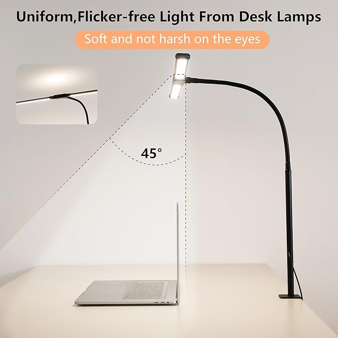 FAPEMIH Dual-Head LED Desk Lamp for Office Home, Adjustable Flexible Eye-Caring Desk Light, 5 Modes 10 Brightness Adjustment, USB Adapter Desk Lamp with Clamp-ST-B
