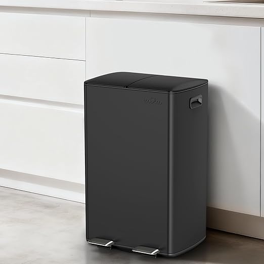 mVm Kitchen Trash Can,2 x 8 Gallon (2 x 30 L)Dual Trash and Recycle Bin Combo with Lid And Anti-Fingerprint,Soft-Close,Foot-Pedal Stainless Steel Garbage Can for Kitchen,Living Room,Dining Room(Black)
