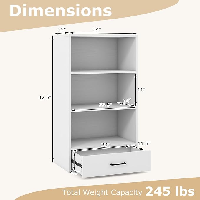 LOKO 4-Tier Bookcase with Storage Drawer, Modern Organizer Display Storage Shelves with Anti-toppling Device, Freestanding Bookshelf with 3 Open Shelves & 1 Drawer, Living Room, Study, Office (White)