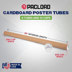 2" x 36" Reinforced Kraft Paper Mailing Tubes, Pack of 6 Tubes with 2 Caps Each – USPS Approved Poster Tube – Made in USA Cardboard Tube for Shipping and Storing Posters, Prints, Artwork, or Documents