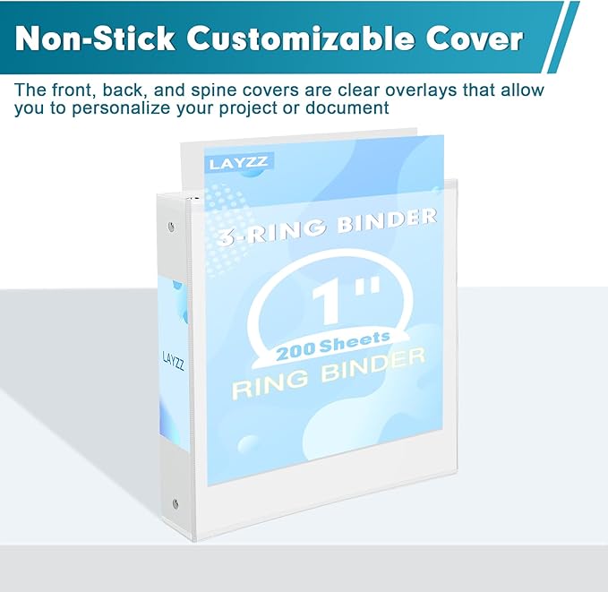 3 Ring Binder, LAYZZ 12 Pack 1 Inch Binders 3 Ring with 2 Pockets, Round Ring Binders, Clear Cover Binders for Letter Size 8.5"x11" Paper, PVC Free, Suitable for School Home and Office (White)