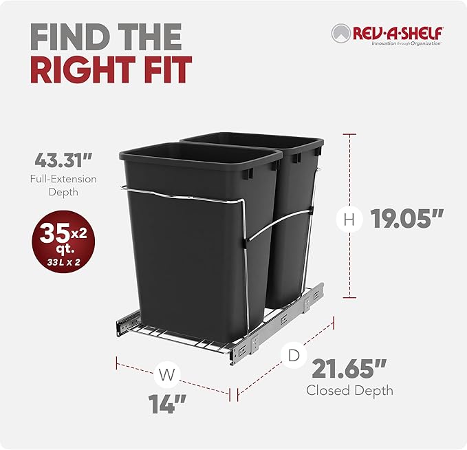 Rev-A-Shelf RV-18KD-18C S Double Pullout Trash Can for Kitchen Cabinets 35 Qt Garbage Recycling Bin on Full Extension Slides, Black