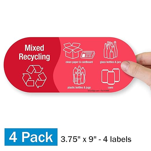 SmartSign (Pack of 4) 3.75 x 9 inch “Mixed Recycling” Sticker Labels with Symbols, 5 mil Laminated Polyester with SuperStick Adhesive, Red and White, Made in USA