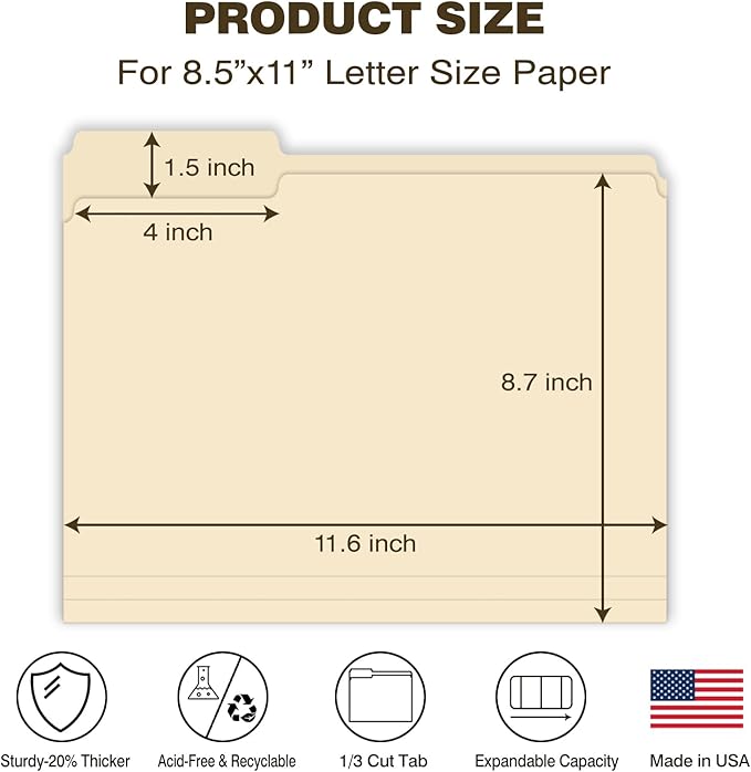 Manilla Folders 8.5 x 11 File Folders Letter Size Manila Folder with 1/3 Cut Tab 100 Pack Paper Folders for Office, School, Home, Business Filing Supplies Made in USA
