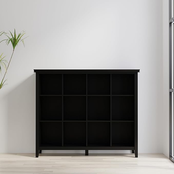 SIMPLIHOME Artisan Bookcase - 57 inch Tall 12-Cube Solid Wood Cube Organizer in Black, Transitional Storage Bookcase for Living Room, Study Room or Office with Fixed Shelves and Tapered Legs