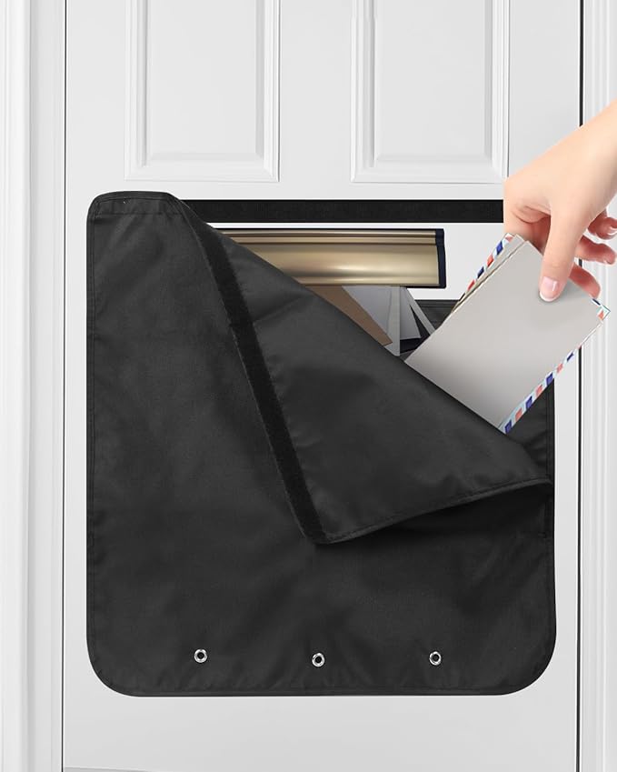 Uniclife Black Door Mail Slot Catcher Oxford Fabric Large Capacity Letter & Package Holder with Hook and Loop Fasteners, Indoor Front Door Post Catcher for Magazines, Small Parcels & Envelopes