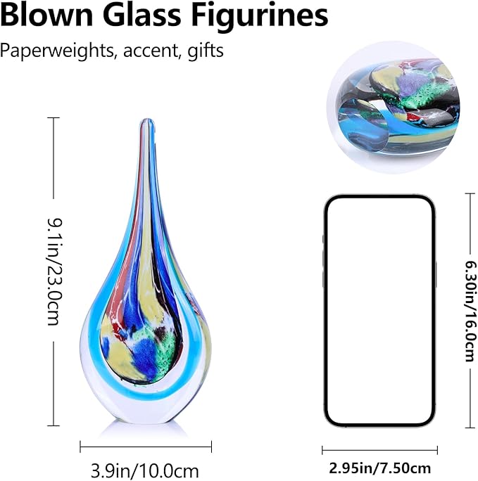 9" Tall Sculpture Hand Blown Glass Decor, Paperweight for Office Desk, Modern Glass Art Figurines Mediterranean Beach House Decor, Living Room Coffee Shelves Table Top Decoration (Multicolor)