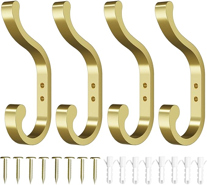 bussdis Large Wall Hooks for Hanging Coats: Heavy Duty Wall-Mount Hanger (Hold 30 LB), Mudroom Hooks for Clothes, Backpack, Purse, Bathroom Towel (Gold, 4 Pack)