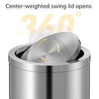 Mbillion Small Trash Can with Swing Lid 4 Gallons/15 Liter, Mini Trash Can with lid, Stainless Steel Cylindrical Garbage Can for Home and Office, for Ground and Desktop(Brushed Silver)