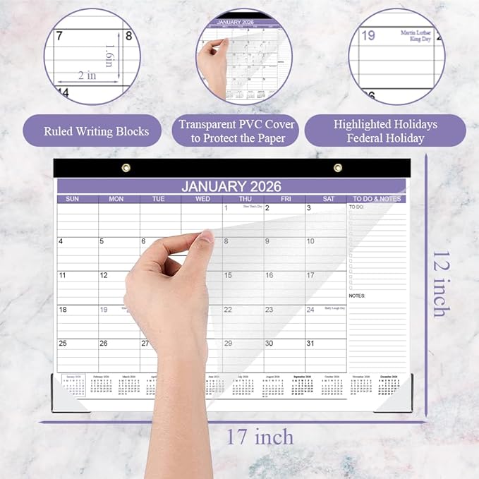 2026 Desk Calendar - Calendar 2026 from January 2026 - December 2026, Desk Calendar 2026 with to-do List, 12" x 17", Purple