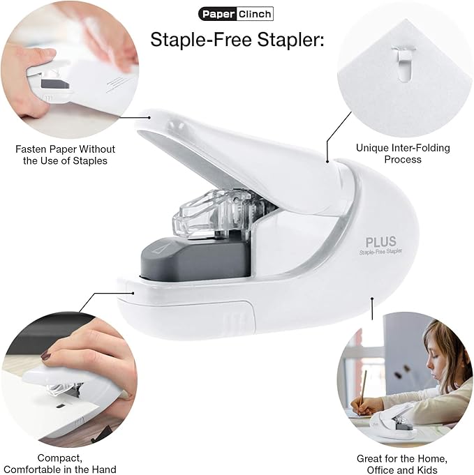 Plus Paper Clinch Compact Staple-Free Stapler, Ivory White