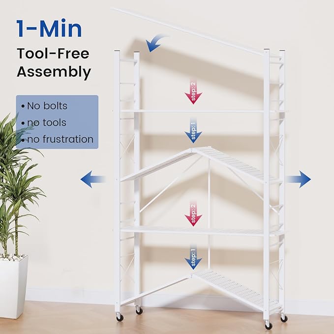 ALANNG 40" W Foldable 5-Tier Storage Shelves with Wheels, Adjustable & Removable Metal Rack, Heavy Duty Rolling Organizer for Kitchen, Garage, Closet, Pantry, and Office (White,3 Pack)