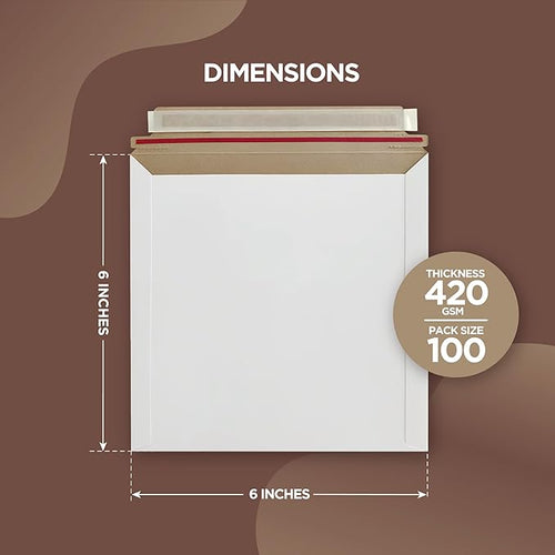 100 Pack 6x6 Inch Rigid Mailers – 420 GSM Self Seal Stay Flat CD Mailers for CDs, DVDs, Photos, Documents – Tear Strip, Do Not Bend Labels – Square Card & Shipping Envelopes (White)
