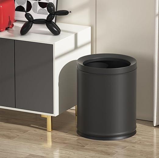 YOJIA 3.17 Gallon/12L Elegant Garbage Can,Double Layers Metal Trash Cans,Light Luxury Black Waste Basket, for Bathroom,Bedroom,Kitchen,Hotel,Office,Bank,Home,Cafe (Black 12L)