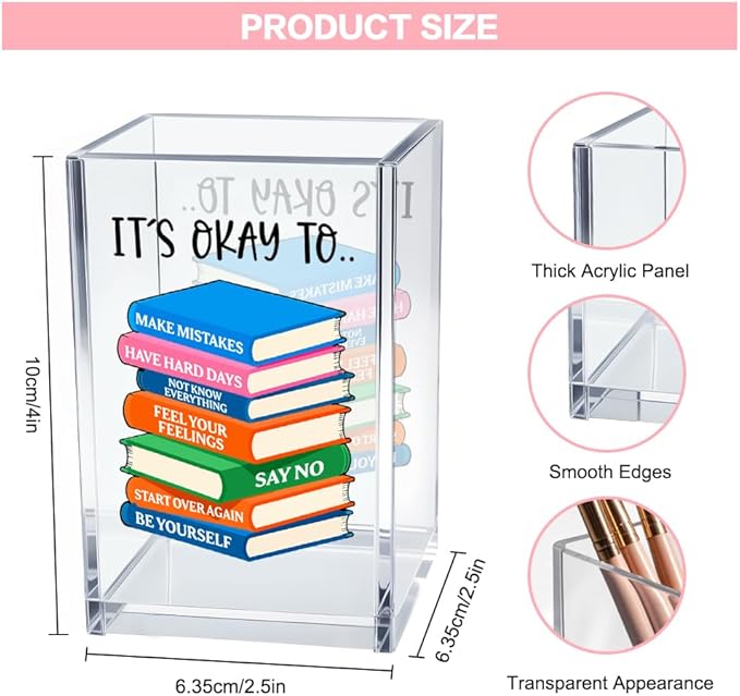 Vgrti It's Okay To Make Mistakes Acrylic Cosmetic Pencil Pen Holder Cup, Motivational Desk Organizer Accessory for Office School, Inspirational Quote Gifts for Women Book Lover Coworker Sister Teacher