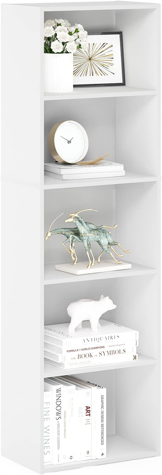 Furinno LUDER Book Shelf, 5-Cube Bookshelf, Bookcase with Open Shelf, 9.4 x 15.8 x 52, for Living Room, Bedroom, Home Office, White