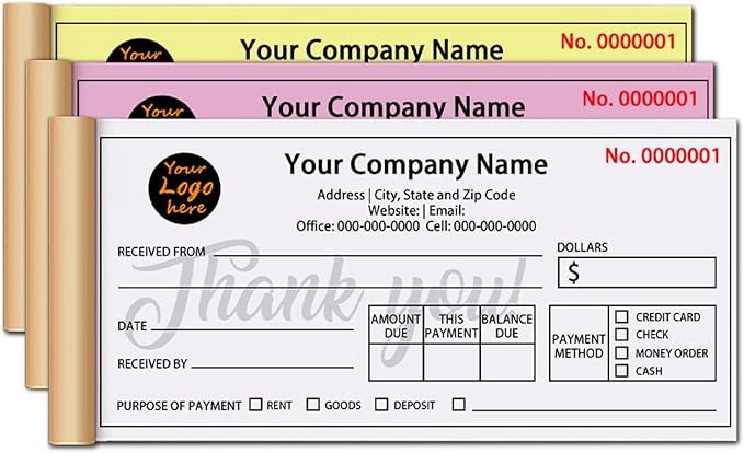 Custom Invoice Book in 3-Part /2-Part Receipt Book with Carbon Copies Personalized Carbonless Service Invoice Form Books Sales Order Book with Company Name Logo Address,H1-Receipt Book
