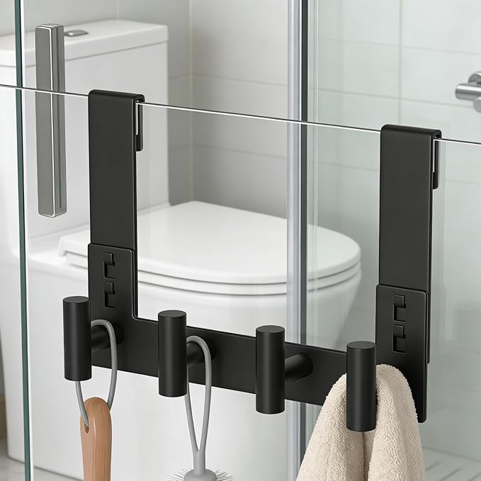 PMMASTO No-Drill Extra Long Shower Hooks, Fits 3/8" Thick Door, Heavy Duty Stainless Steel Towel Hooks for Frameless Glass Shower Door, Holds Bathrobe Towel (Black, 4 T-Hooks)