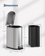 Garvee 13 gal (50 L) and 2.6 gal (10 L) Stainless Steel Trash Can Combo Set, Rustproof Garbage Can with Lid for Kitchen and Bathroom, Step-on Trash Bin with Inner Bucket, Rear Handle, Silver