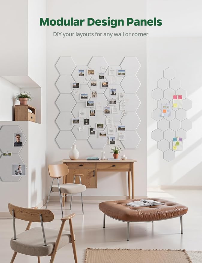 Large Bulletin Board 12" x 10", 12 Pack White Cork Boards for Walls, Self-Adhesive Hexagon Felt Pushpins Wall Tiles, Display for Messages, DIY Notice, Photo Decorations, Classroom, Office, Bedroom