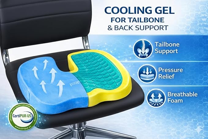 LuminaRest® Gel Enhanced Seat Cushion for Long Sitting | Premium CertiPUR-US® Certified Memory Foam | Non-Flattening Office Chair Cushion for Tailbone Pain Relief, Sciatica & Back Support – (Blue)