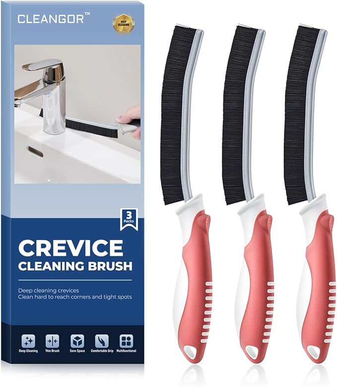Cleangor Crevice Cleaning Brushes, Scrub Brush for Hard to Reach Small Space, Home Essentials, Cleaning Supplies, Cleaning Tools for Household Use, Bathroom, Shower, Kitchen, Toilet, Window (3, Red)