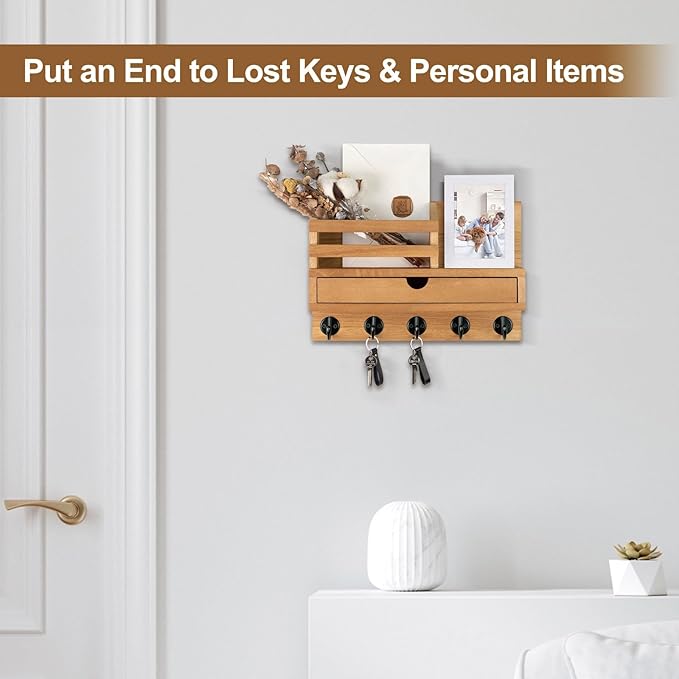 Lucundm Key Holder Wall Mount, Mail Holder with Storage Drawer and 5 Key Hooks for Coat, Dog Leash, Home Decor Rack, House Accessories, Entry Way Organizer (Wood)