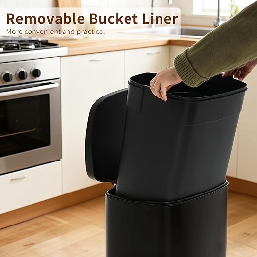 PayLessHere Stainless Steel Trash Can with Lid - Removable Inner Bucket, Foot Pedal Soft Close for Office, Home, Kitchen Garbage Bin (Black, 13 G)