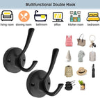 TOFIIGREM Black Towel Hooks, 2 Pack Coat Robe Hook Heavy Duty Metal Double Bathrobe Hook Wall Mounted, Hand Towels Hooks for Cubicle Bathroom Kitchen Closet Garage