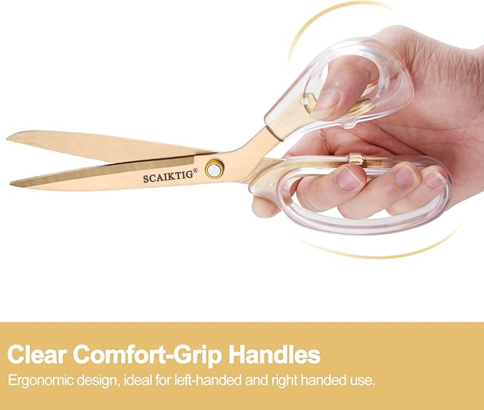 SCAIKTIG Acrylic Scissors Set, Office Scissors for Desk Gold, Clear Comfort-Grip Handles and Titanium Coated Blades, Sharp Scissors all Purpose Heavy Duty for Sewing, Art, Craft, School, Home Supplies