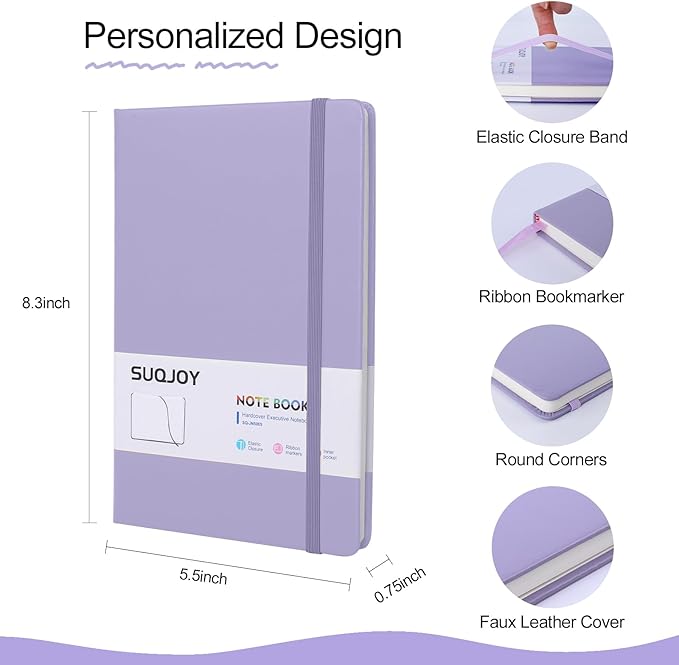 SUQJOY Lined Journal Notebooks for Writing, 100 GSM Thick Paper, 1 Pack Hardcover Notebooks, A5 College Ruled Notebook, Journaling Notebook for School/Travel/Office (Purple- 1 Pack)